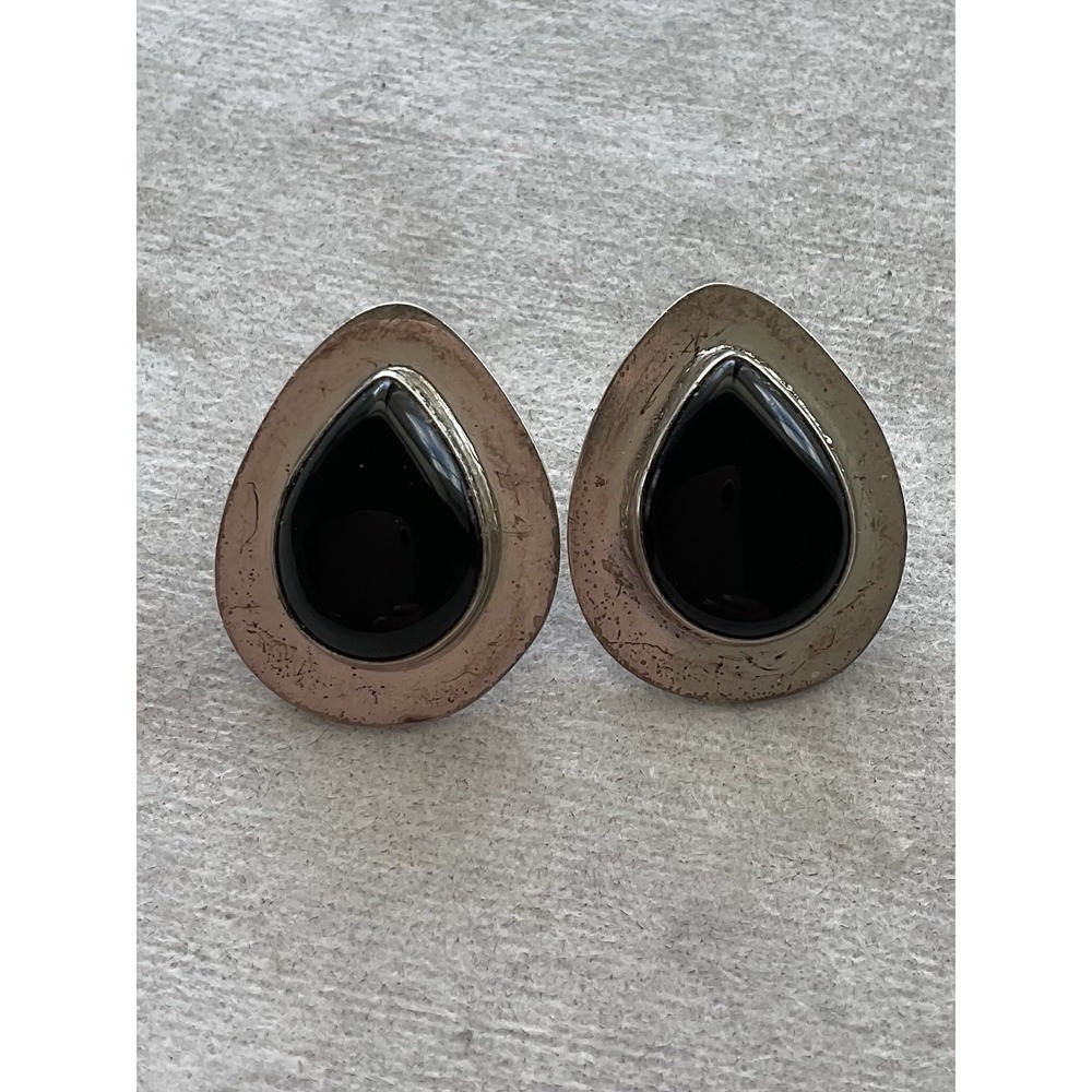 vintage sterling silver teardrop post earrings Black Onyx Cabochon 925 Estate